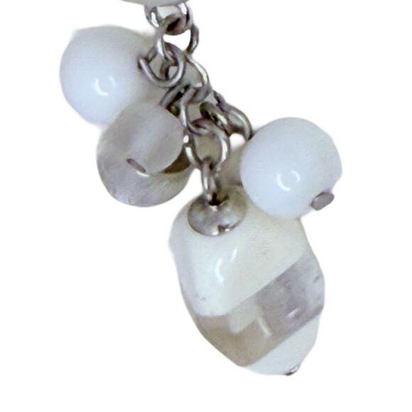 White Art Glass Beaded Cluster Dangle Drop Earrings 2" Silver Tone Trendy - Picture 8 of 10